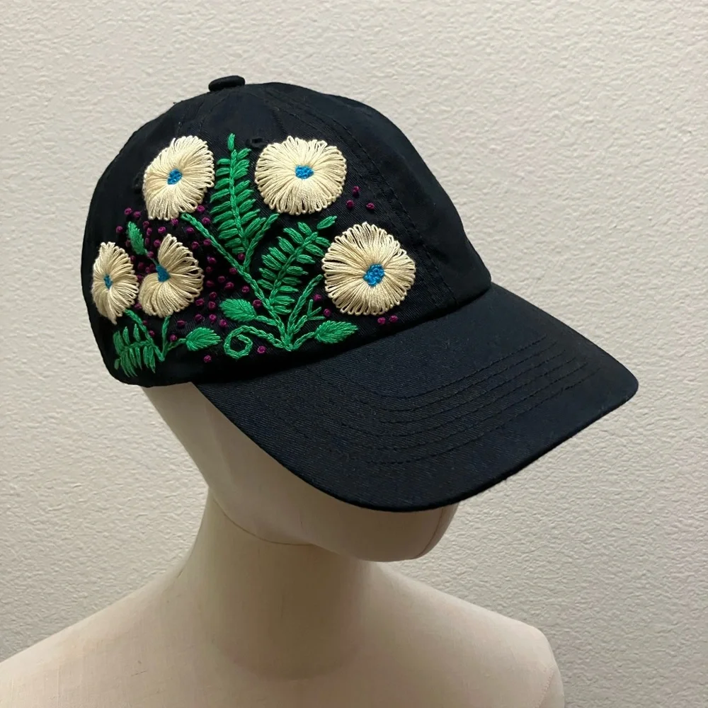 Floral Hand Embroidered Black Cap Adjustable Summer Handmade Boho Hippie Fashion